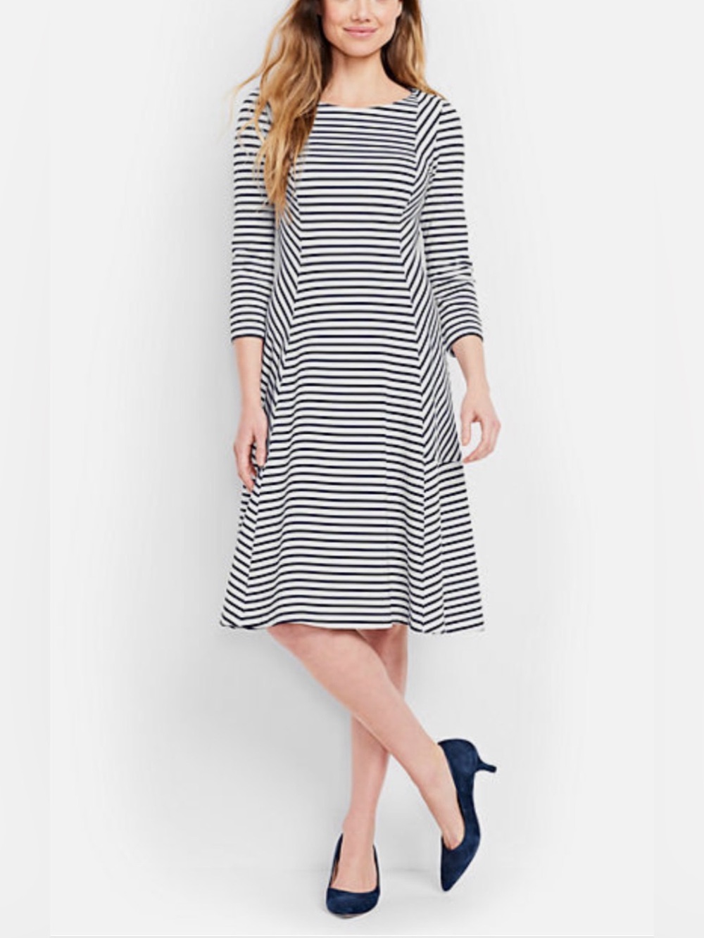 Lands End 3/4 Sleeve Ponte Flounce Dress Navy White Striped Size LT Tall